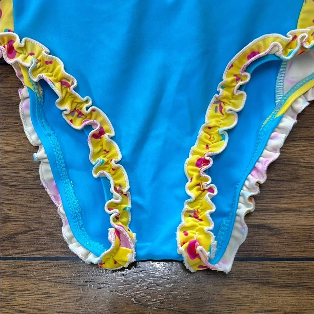 Body Glove Blue and Yellow Floral Ruffle Trim One-Piece Swim with Inserts
